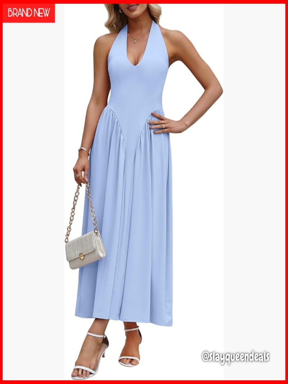 Sleeveless Halter Maxi Dress V-Neck Corset Waist Formal Cocktail Party